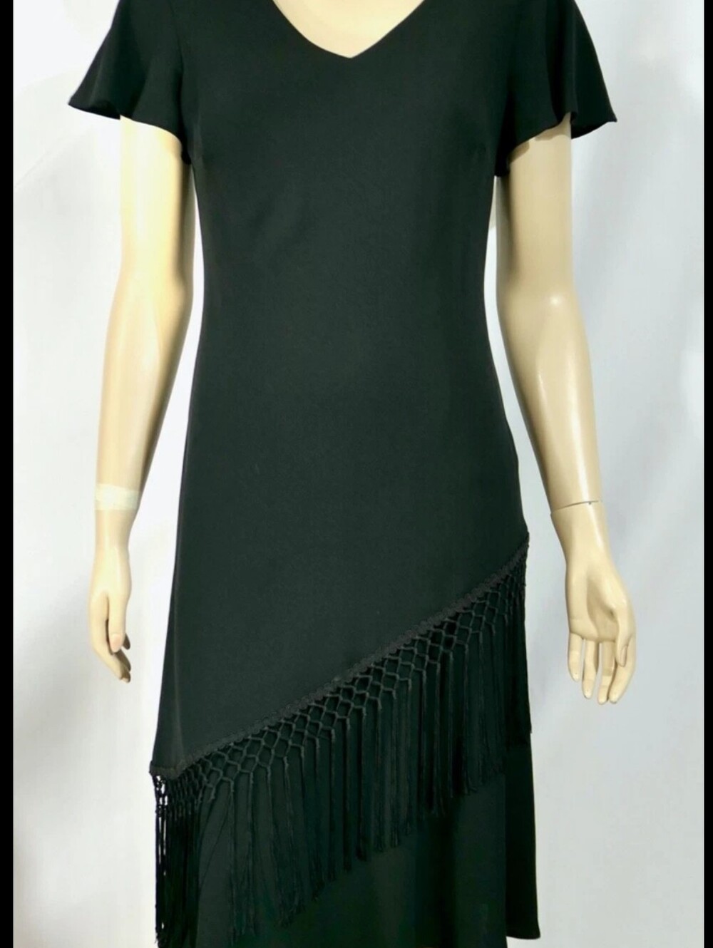 VTG S.L. Fashions Black Fringe Midi Dress Size 8 Like New